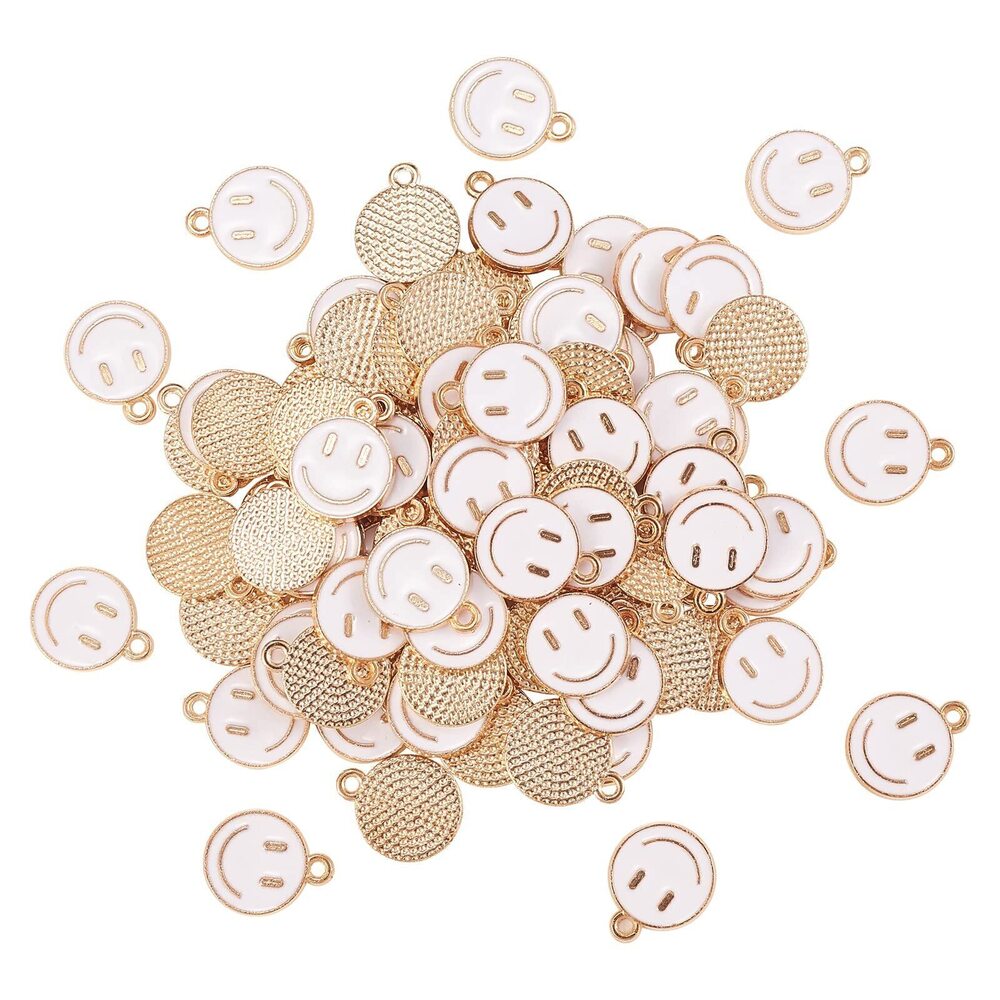 4432 100 Pcs Flat Round Enamel Charms White Smiling Face Bracelet Necklace